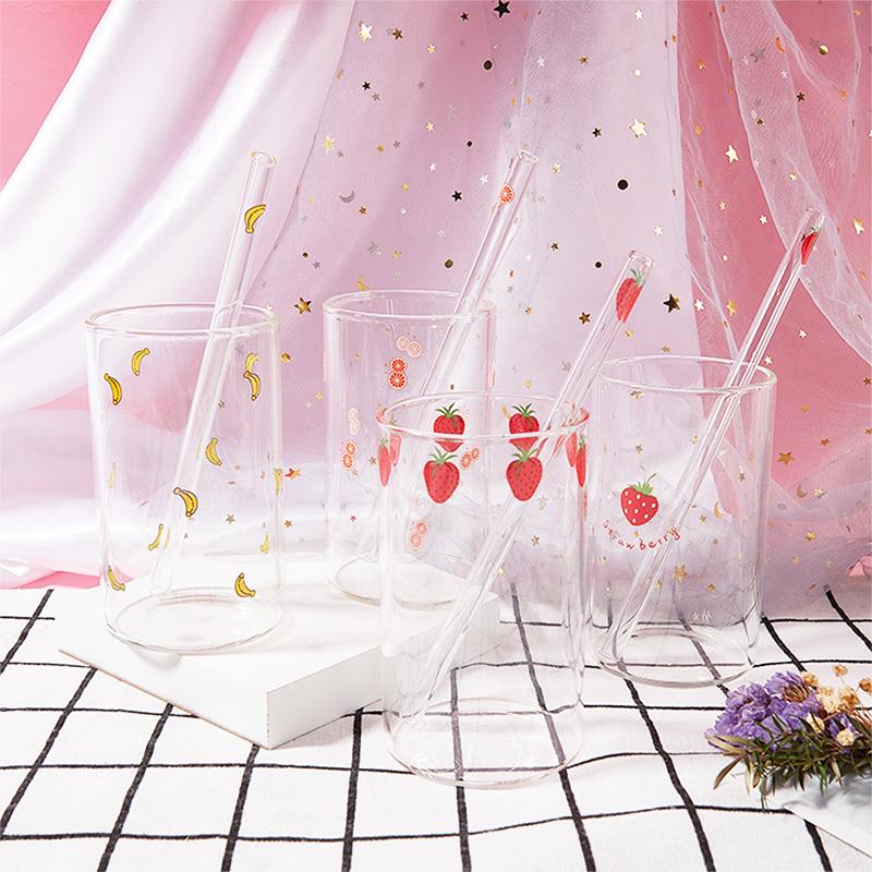 300 ml jahodový roztomilý severský skleněný hrnek se slámovým mlékem, tepelně odolný skleněný hrnek