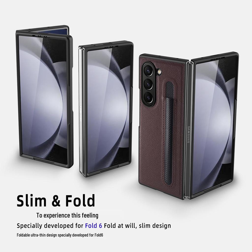 Samsung Z Fold6/Fold5 Lychee Pattern Leather Phone Case with Pen Holder