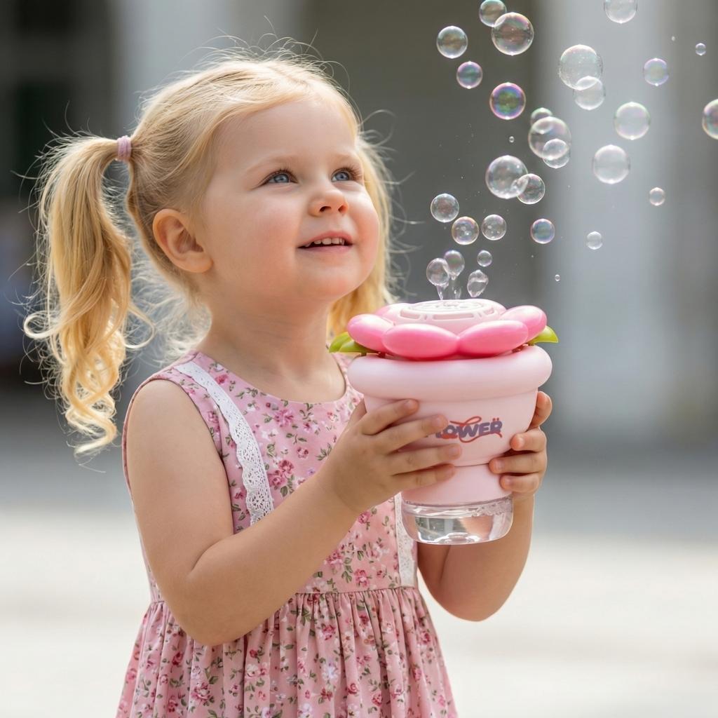 Blasenmaschine Blume - Vollautomatische Aufladung, LED-Beleuchtung, Handlicher Blasenstab, Blasenblasspielzeug für Kinder 65ml