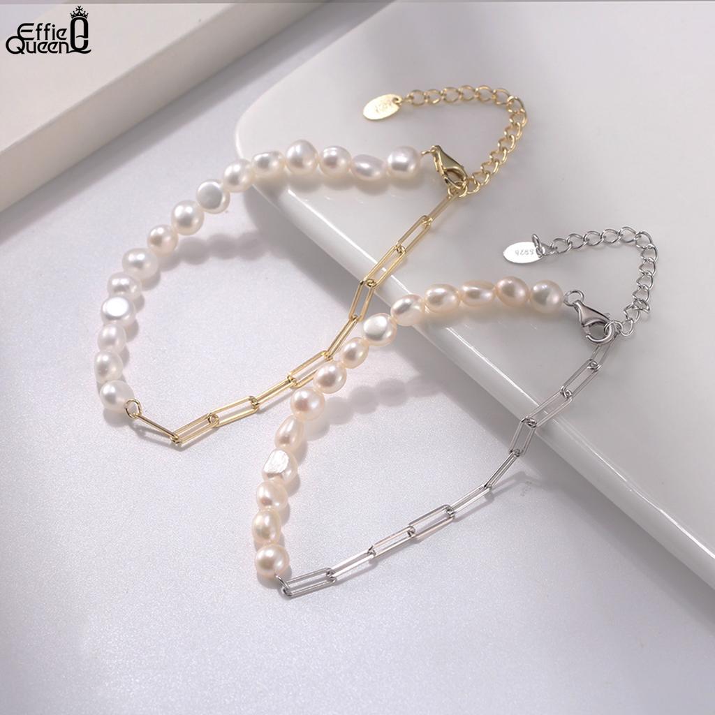 EFFIE QUEEN Vintage Natural Pearl Bead Bracelet for Women Minimalist 925 Sterling Silver Paperclip Chain Bracelet Jewelry GPB01