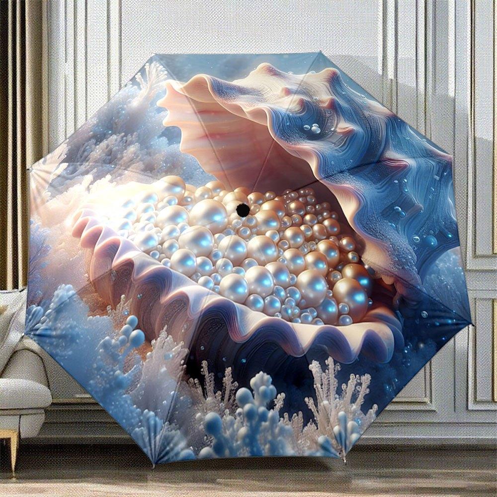 

Automatic Folding Umbrella with Open Seashell & Pearl Design - Portable Collapsible 8-Rib Durable Canopy, Stylish Casual Outdo