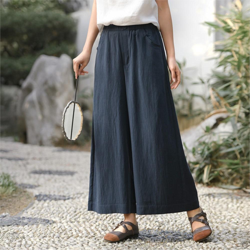 Johnature Women Vintage Wide Leg Pants Summer Chinese Style Elastic Waist Solid Color Trousers Loose Casual Pants