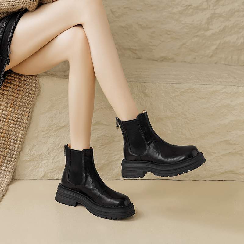 Krazing Pot Sheep Skin Round Toe Winter Med Heels Chelsea Boots Women Zipper Retro Fashion Platform Ankle Boots