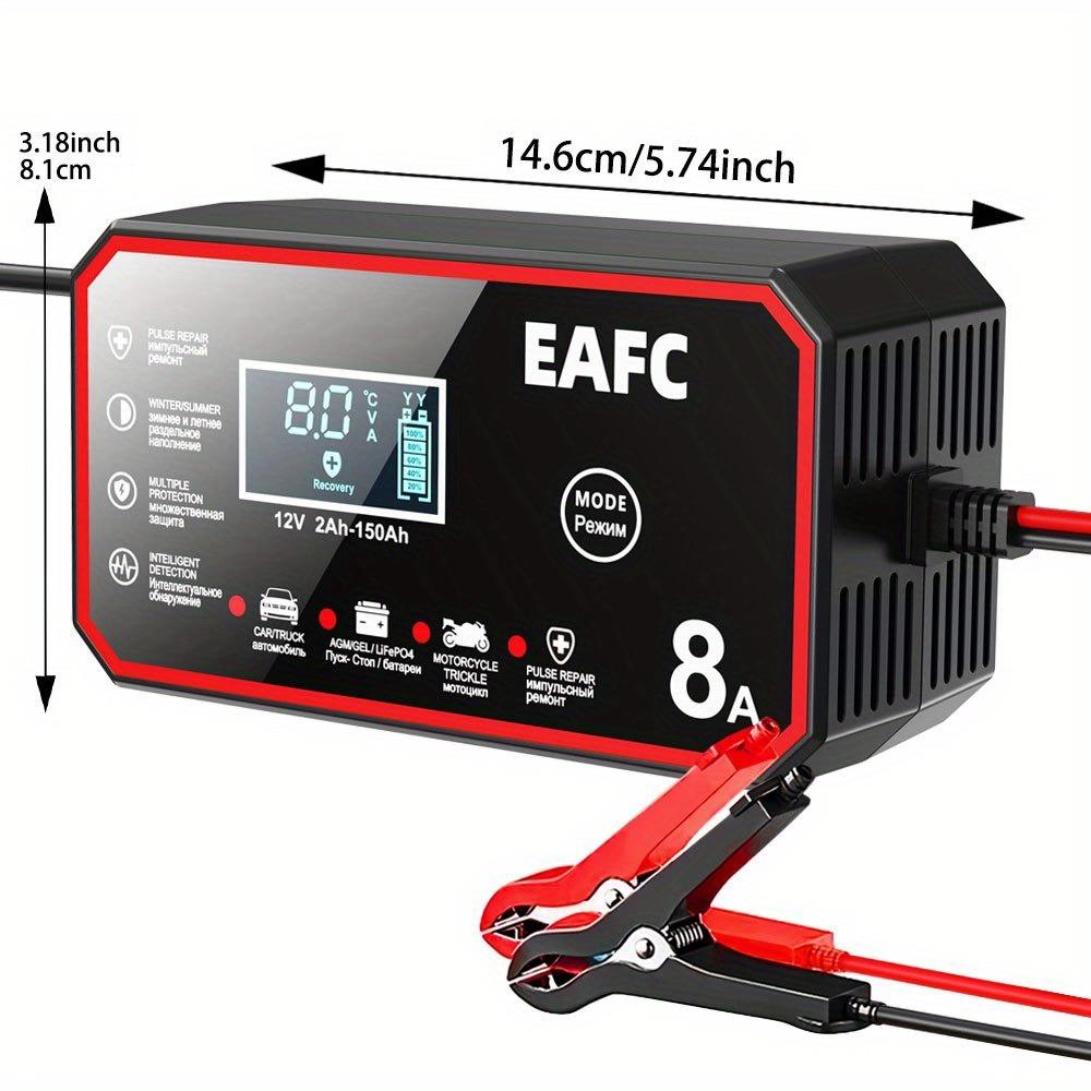 EAFC EU Plug 12V 8A Smart Car Battery Charger with LCD Display, Intelligent Pulse Repair Battery Charger