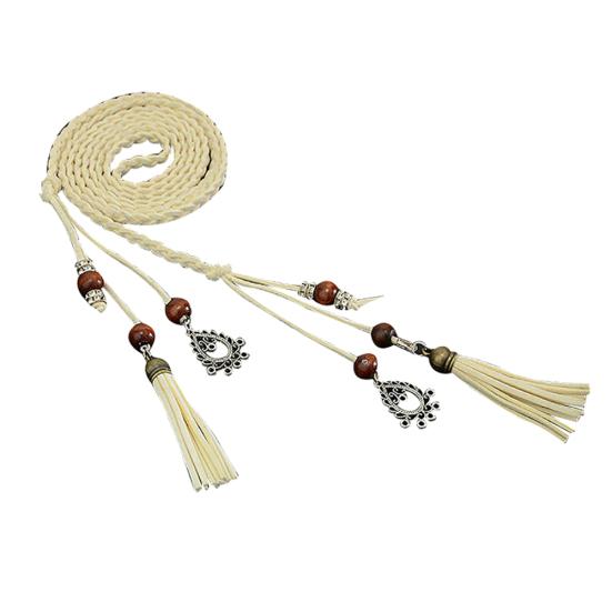 Women Braided Beads Tassels Thin Skinny Waist Rope Belt Self-Tie Dress Waistband