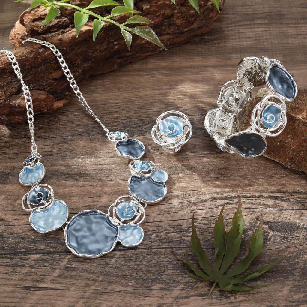 Color painting oil rose ring bracelet necklace set women's banquet high-end jewelry set