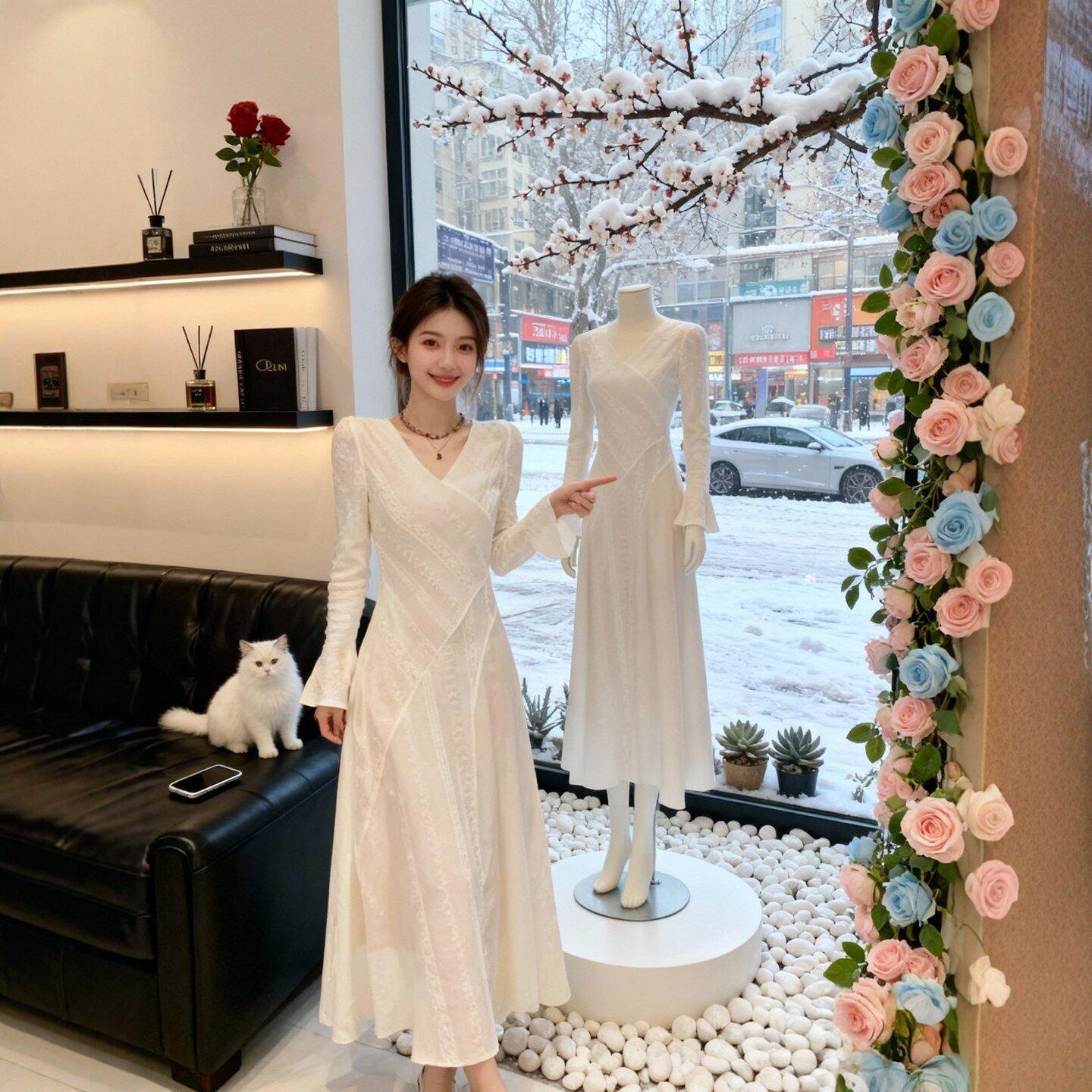 

Elegant A-line V-neck Flare Sleeve Dress for Women - French Style, Fitted Waist, Spring/Autumn 2026 Small брудно-білий