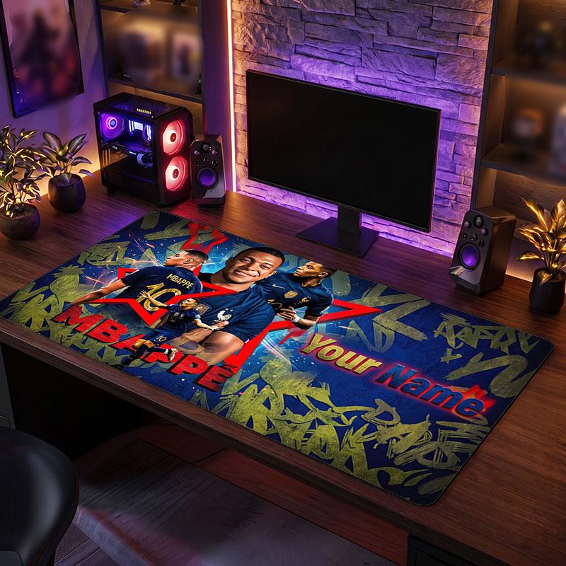 Tappetino per Mouse Grande Personalizzato Kylian Mbappe, Stampa Testo Nome Personalizzato, Tappetino da Scrivania Antiscivolo con Logo Calcio, Regalo per Gamer