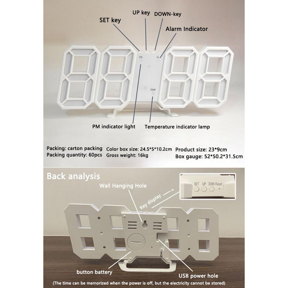 3D Digital Alarm Clock with Night Lights Modern USB Electronic Display Table LED Wall Clocks for Home Bedrooms Living Room Decor