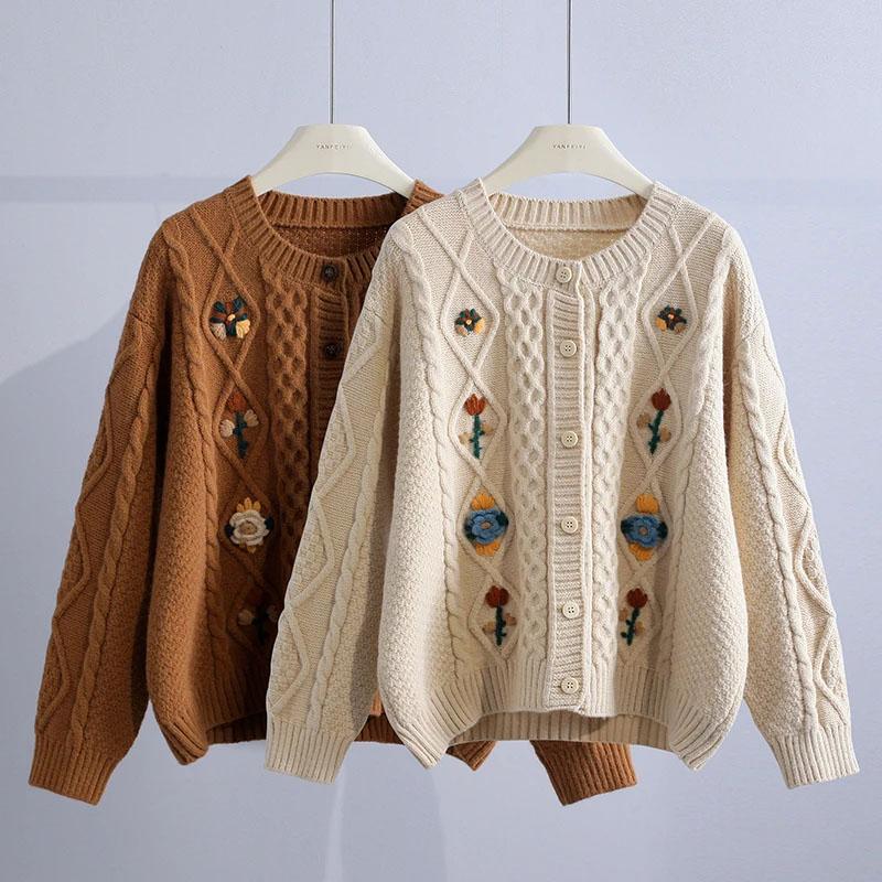 Gensere Kåpe Cardigan for Kvinner Høst Vinter Broderi Vintage Løs Langermet Fortykket Cardigan Gensere Kåpe