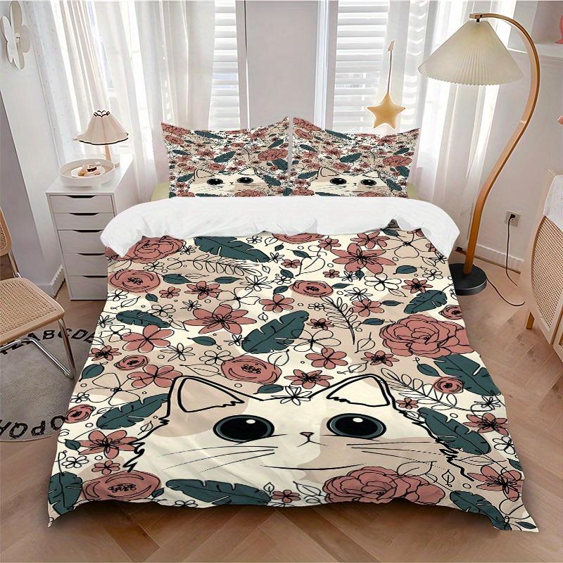 

3pcs Floral Cat Bedding Cover Set, Fashion Classic Popular Print Bedding Set, Soft Comfortable, All - Season Use, For Bedroom, Guest Room140 135x200cm