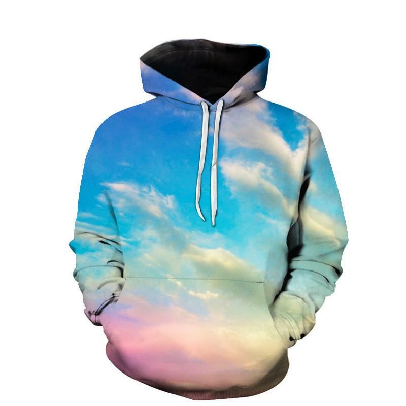 Mens Long Sleeve Hooded Sweatshirt With 3D Cloud Print Loose Fit Casual Pullover Fall