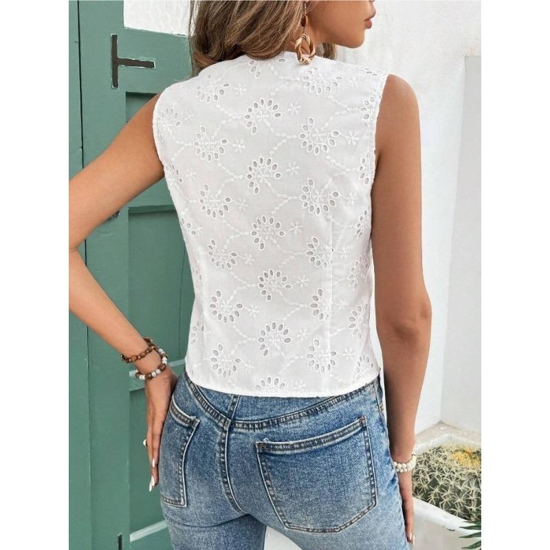 Moda Camisa de Encaje sin Mangas con Cuello en V Chaleco Cardigan Ajustado Color Sólido Gancho Flor Hueca Encaje Dulce Top Elegante Blanco Irregular Casual Ropa Sencilla