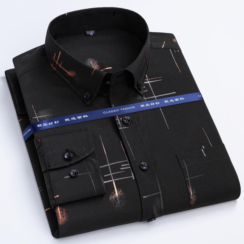 Men's Business Casual Hot Stamping Striped Print Dress Shirt, Slightly Stretch Unique Buttoned Collar Long Sleeve Pocket Shirts