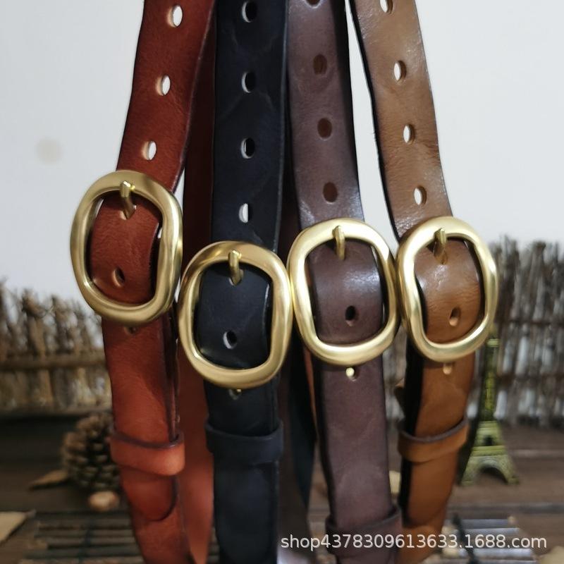 2.8Cm Retro Pleated Trendy Copper Buckle Belt Women'S Genuine Leather Pure Cowhide Versatile Jeans Belt
