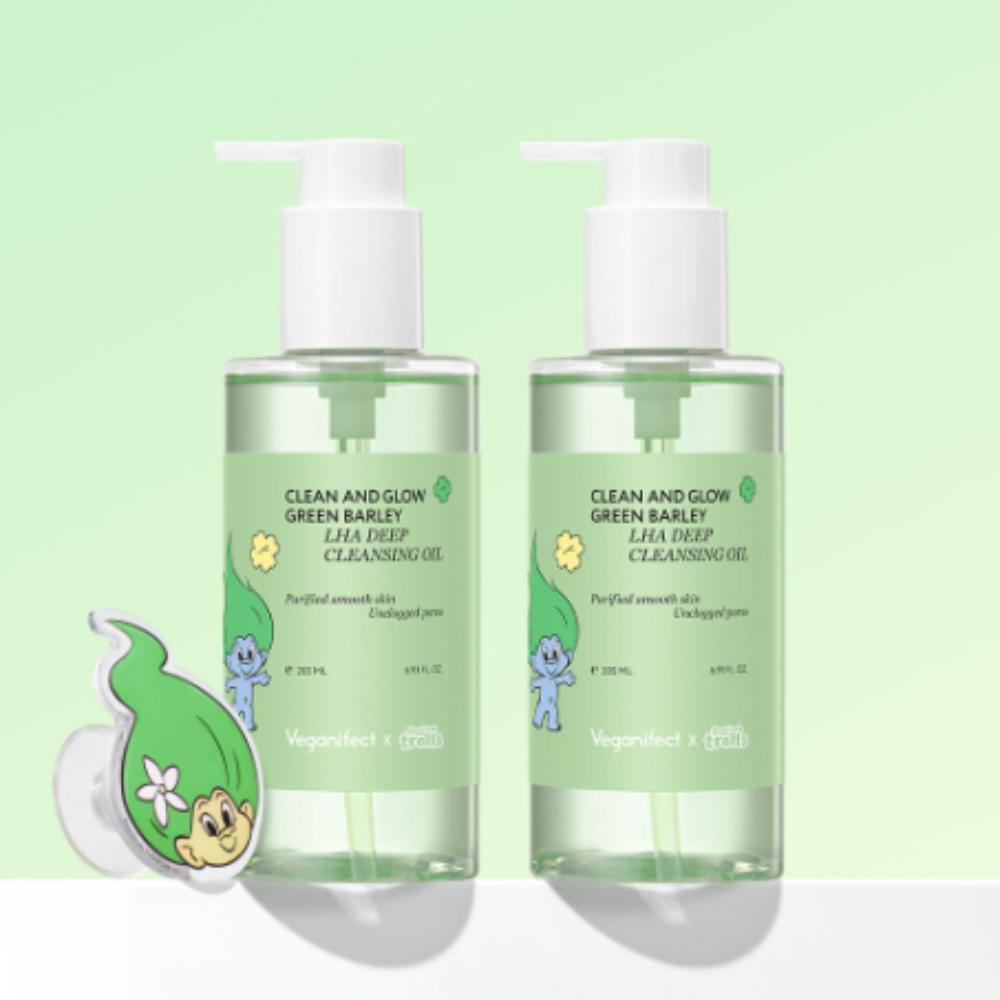 Veganifect Green Barley Deep Cleansing Oil Good Luck Trolls Edition LHA Pore & Sebum Care 205ml Duo Set (2pcs)