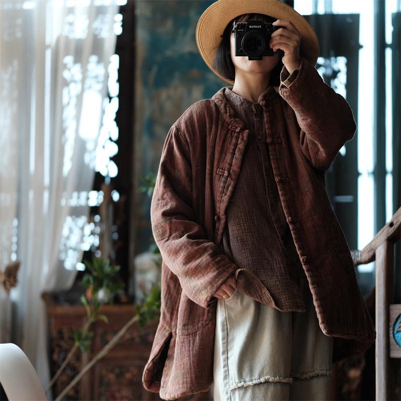 Retro Literary Chinese-Style Stand-Up Collar Frog Button Loose Cotton Coat for Women