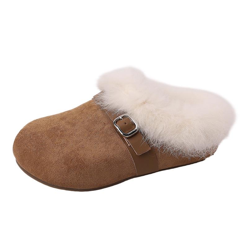 Buckle loose fluffy flanged platform slippers women's 2025 winter retro versatile simple outer wear Doudou shoes cotton shoes