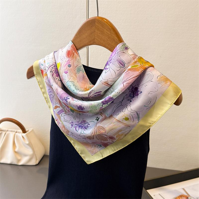 70Cm Square Flowers Oils Print Green Square Silk Scarf Casual Elegant Thin Breathable Women Windproof Head Wrap Hair Scarves