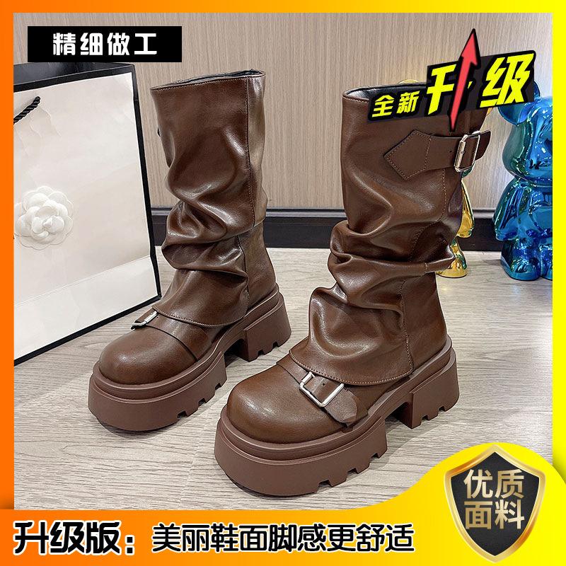 Brown Versatile Thick-soled Heightening Martin Boots Women's 2025 New Spring and Autumn Winter Retro Maillard Medium Boots