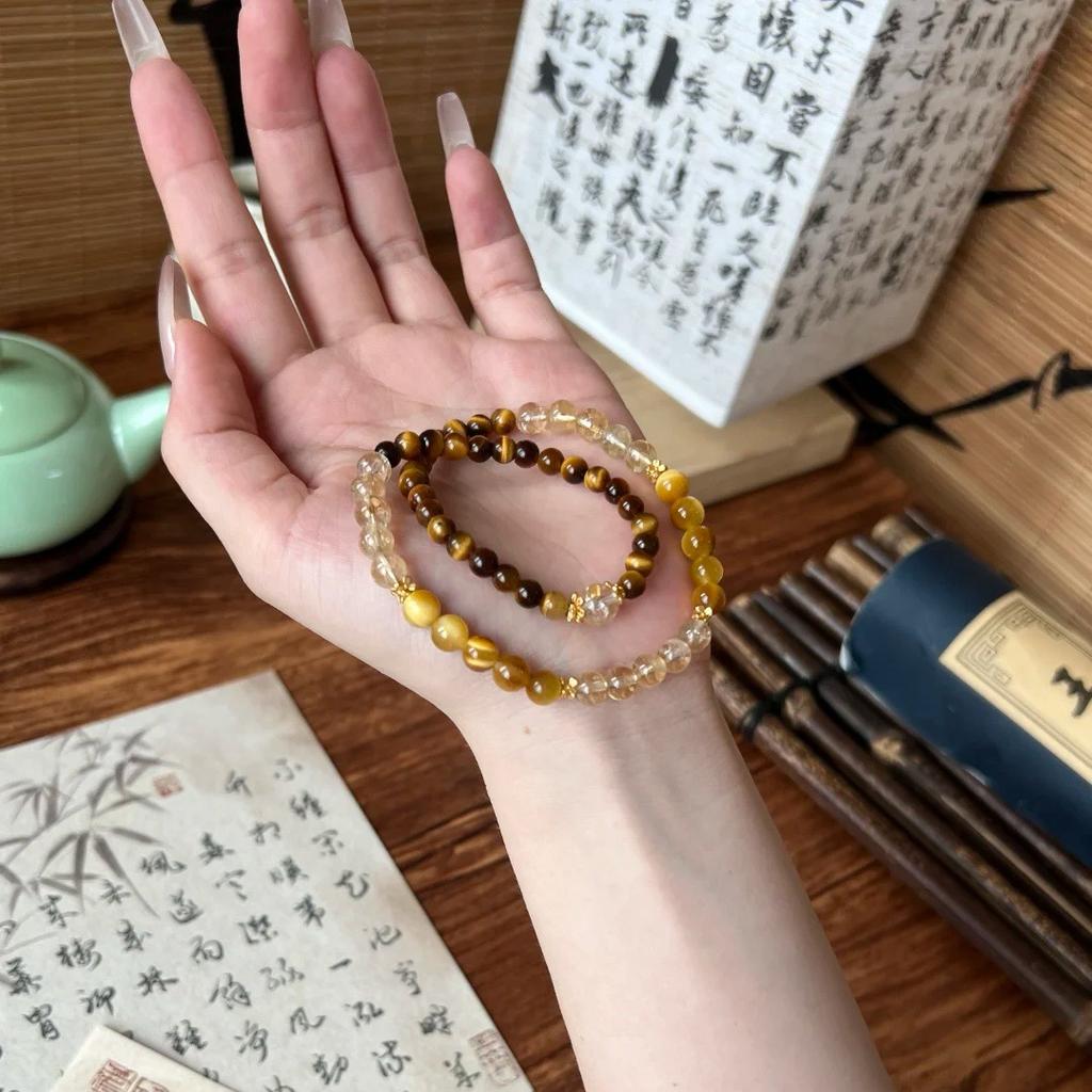 """Zehn Meilen des Glücks"" Text Neuer Chinesischer Stil Gelber Kristall Tigerauge Stein Perlenarmband Vielseitiges Mehrschichtiges Armband"""