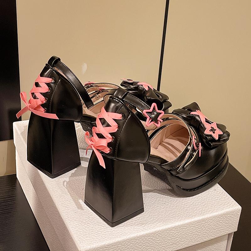 Fashion Sweet Girls Lolita 8 cm High Heels Platform Shoes ,Young Women Students Cute Black Leather Star Ankle Strap Mary Janes
