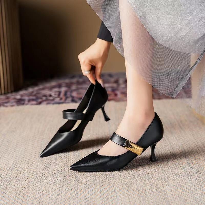 Fashion Temperament women's shoes pointed shallow top single shoe fashionable and versatile metal decoration fine heel women's shoes