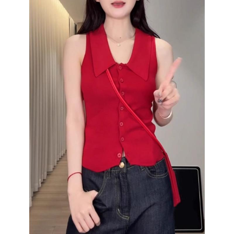 Womens Solid Color Collared Sleeveless Knit Vest S красный