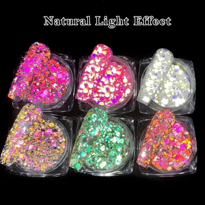 6 culori paiete reflectorizante pentru unghii, cu efect dublu, pudră cu sclipici pentru unghii, paiete, decorare pentru arta unghiilor super strălucitoare