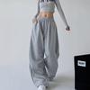 2025 Women's American-Style Grey High-Waist Cargo Sweatpants - Spring/Autumn Wide-Leg Loose Fit