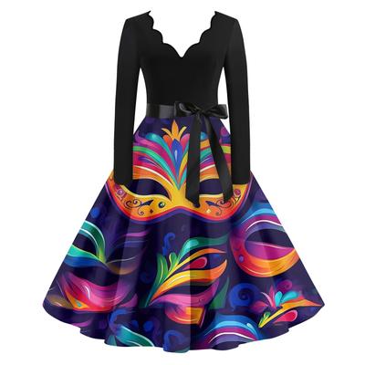 Women's Casual Fashion V Neck Long Sleeve Printed Vintage Long Dress
