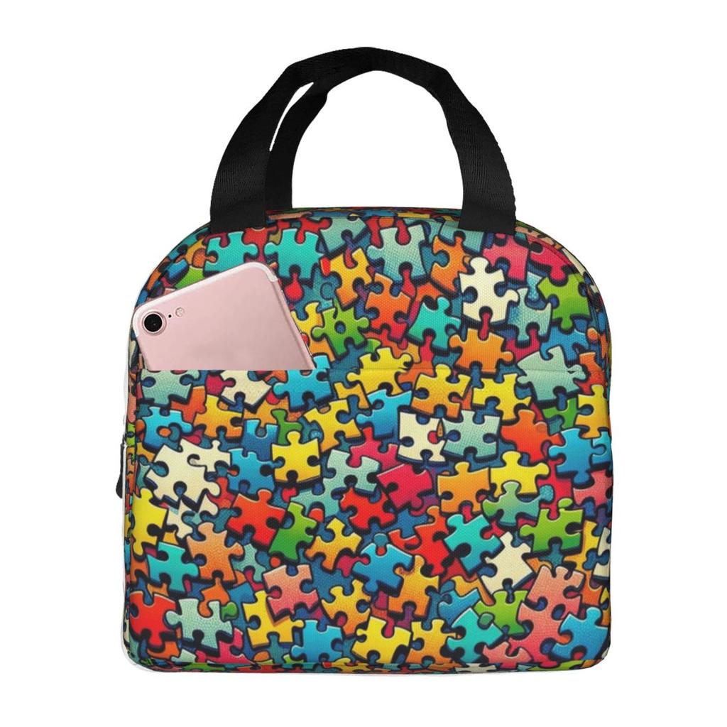 Autism Awareness Colorful Puzzle Piece Print Insulated Lunch Bag for Women Kids Portable Food Boxes Thermal Lunch Box Tote