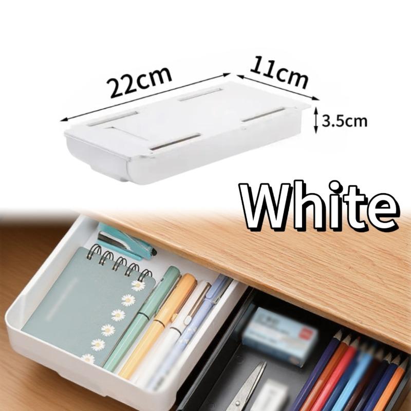 

White Self-Adhesive Storage Drawer Box Makeup Pencil Tray Desk Hidden Under Desk Stand Self-adhesive Under-drawer Storage Boxes