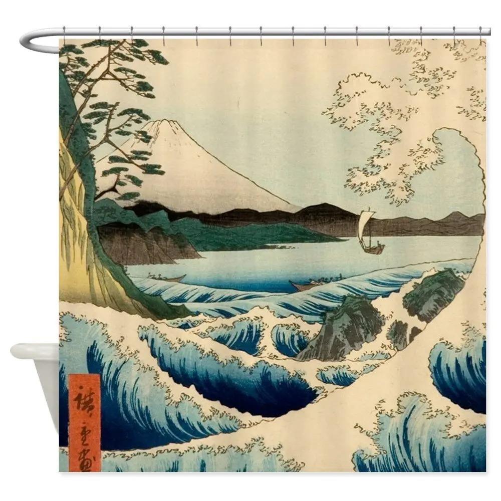 Japanese Style Shower Curtain Koi Fish Cherry Blossom Sun Sea Wave Octopus Landscape Polyester Fabric Curtains Bathroom Decor