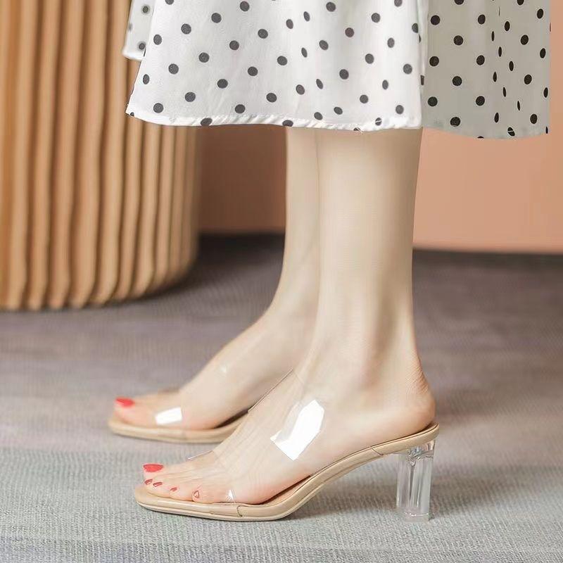 Transparent high heels 2025 new fashion sexy crystal thick heel sandals slippers women's summer outer wear temperament middle heel