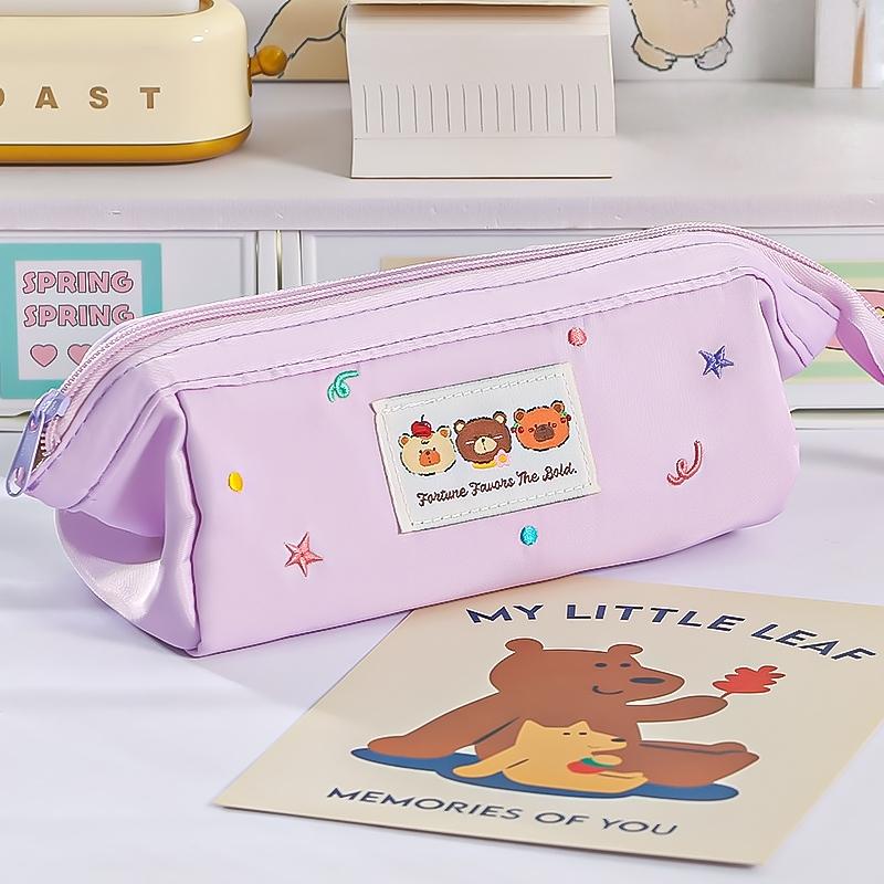 1pcs Three Cartoon Bear Pencil Bag Pen Case Embroidery Design Large Opening Cute Portable Storage Pouch Student