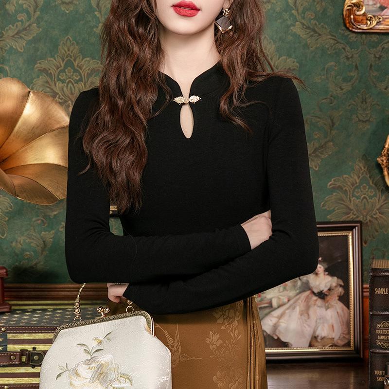 

Футболка с длинными рукавами и воротником-стойкой в китайском стиле для женщин, новая женская одежда с черной базовой рубашкой, новый китайский топ на пуговицах 3XL чёрный