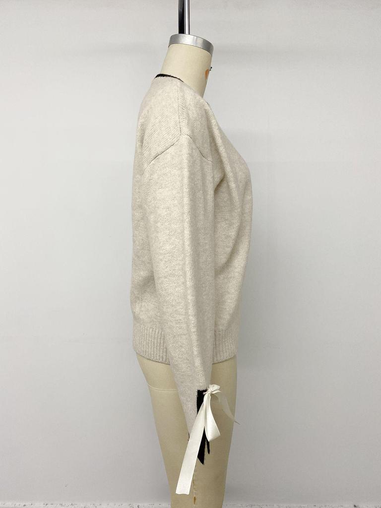 European 2026 Autumn/Winter Color Block Bow Cuff Sweater for Women