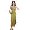 Sultry Mesh Low-Cut Slim-Fit Pleated Slit Dress