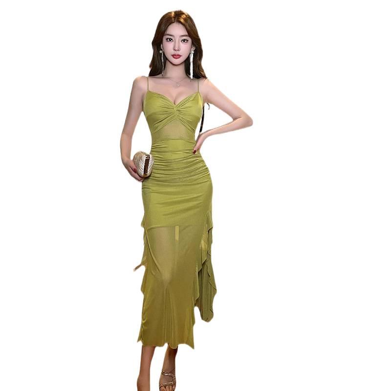 Sultry Mesh Low-Cut Slim-Fit Pleated Slit Dress