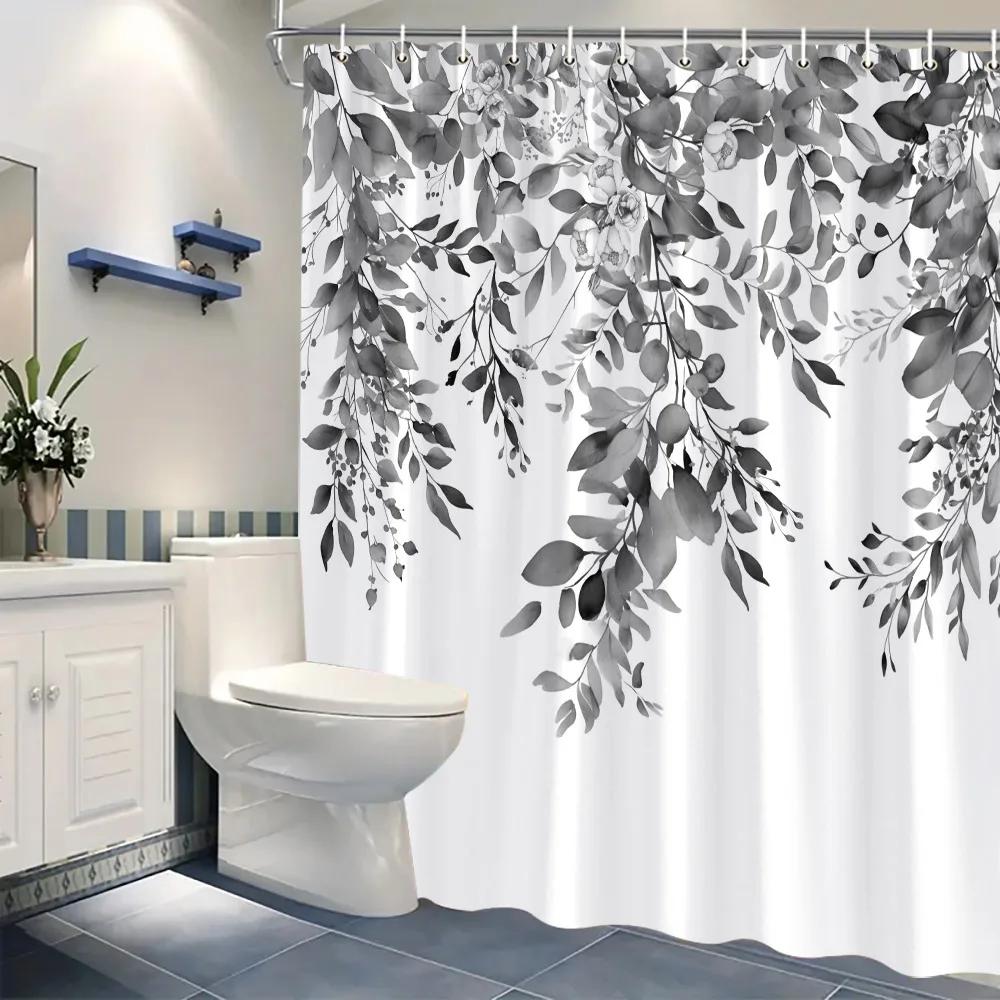 Watercolour Botanical Leaf Shower Curtain Thanksgiving Gift Polyester Green Leaf Print Shower Curtains Bathroom Decor with Hooks