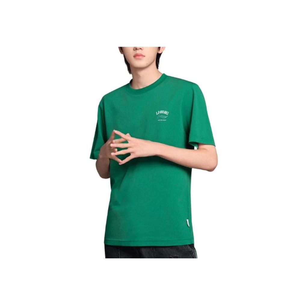 Li Ning Chinese Culture Series Letter Print Round Neck Pullover Short Sleeve T-Shirt Men Tops Crisp-Green AHSU317-7