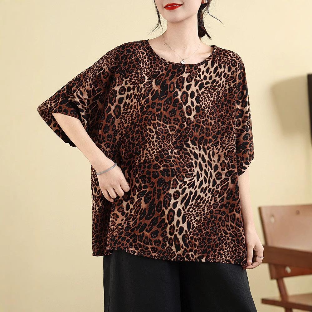 

Большой размер хлопковый топ с леопардовым принтом в стиле ретро, женская летняя футболка с короткими рукавами, свободная футболка, которая сделает вас стройной и подтянутой 3XL коричневый