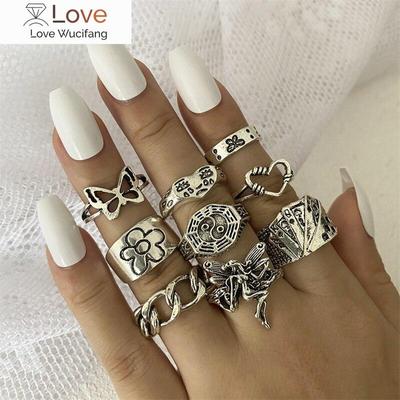 Set di Anelli Goblincore Gotico Vintage Unico Argento Cuore Farfalla Serpente Anello Fata Grunge Accessori Punk Hip Hop Gioielli Y2k
