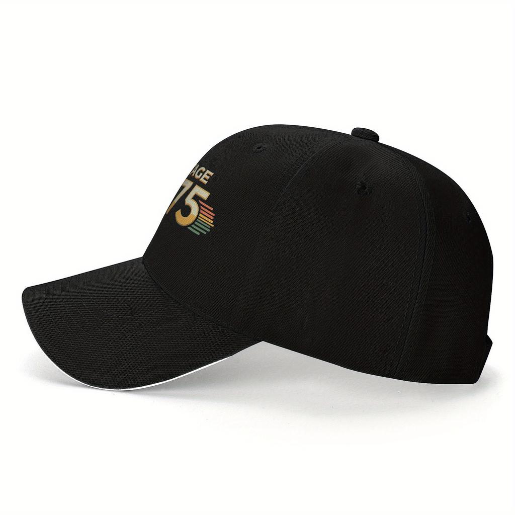 Baseball Cap Vintage 1975 - Black Trucker Dad Hat with Golden & Blue Stripes, Unisex Outdoor Sun Cap, Perfect 50th Birthday Gift