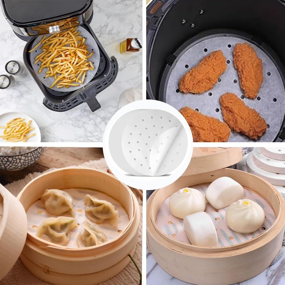 Dampfgarer-Papier für chinesische Gerichte, ohne fluoreszierende Farbstoffe, Rund, Einweg, Perforiert, Dampfgarer, [Durchmesser 18cm]