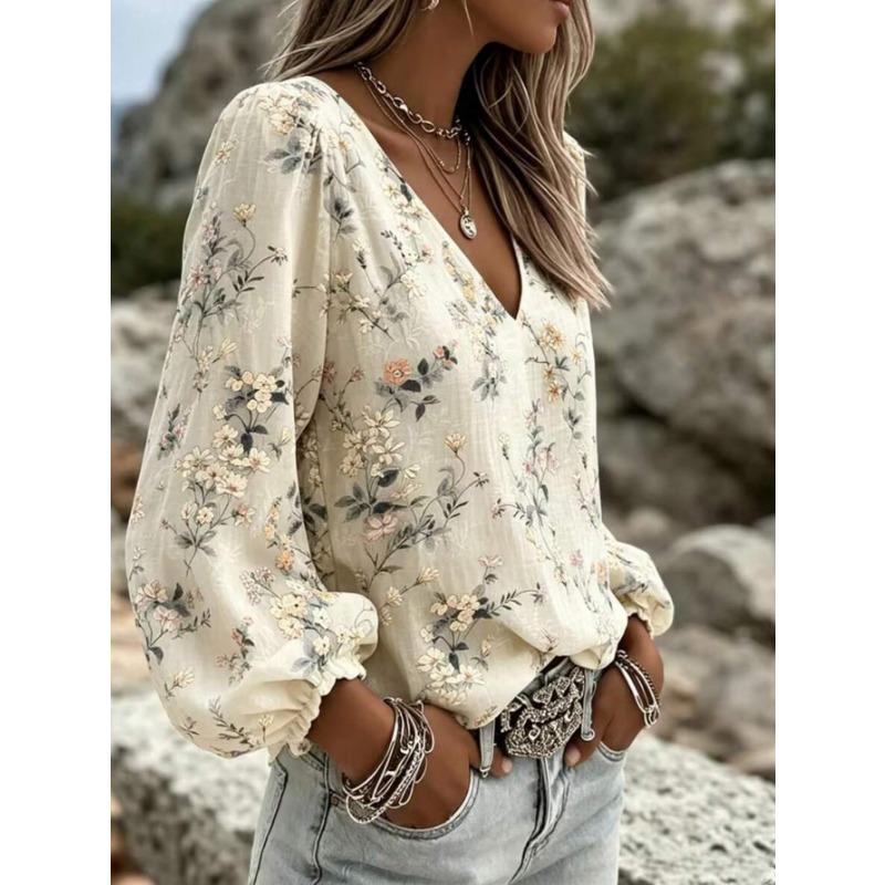 Damen S V-Ausschnitt Floral Chiffon Hemd Lockerer Sitz Langarm Bluse