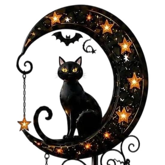 Spooky Bat Garden Decorations Halloween Solar Stake Light, Metal Black Cat & Pumpkin Moon Waterproof Illuminated Outdoor Decor for Lawn Patio