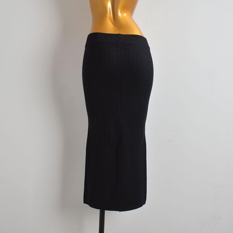 French Simplicity New Arrival Metal Buckle Knitting Skirt Women's Clothing Spring & Fall Elastic Waist High Hip Split Straight Skirt