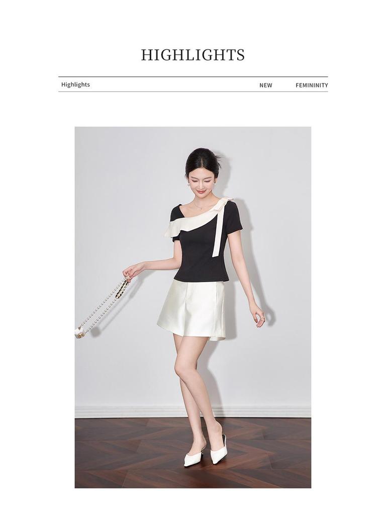 Color Block Stitching Irregular T-shirt - Women's Summer Slim Fit Short Sleeve Top In Gentle Temperament Style